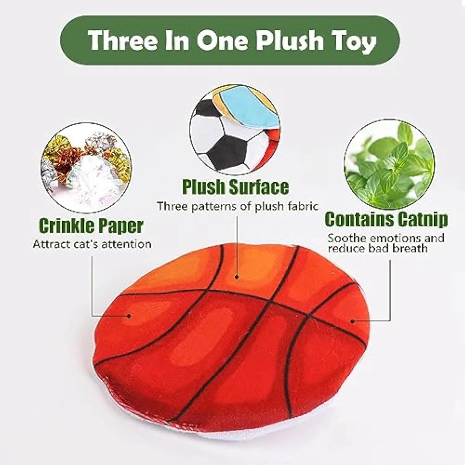 Soft plush cat toy with sports ball pattern, 5x5x2 cm, containing catnip and crinkle material for indoor cats