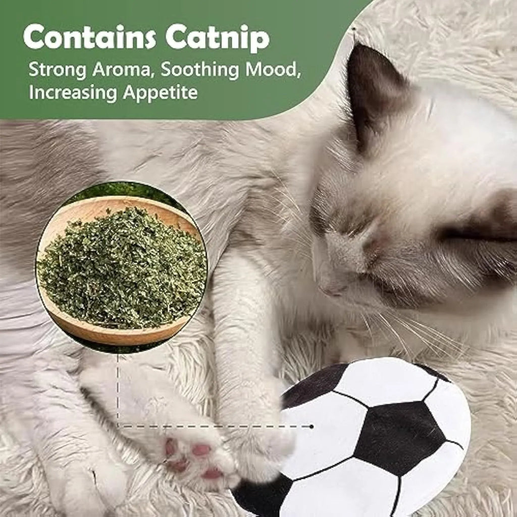 Soft plush cat toy with sports ball pattern, 5x5x2 cm, containing catnip and crinkle material for indoor cats