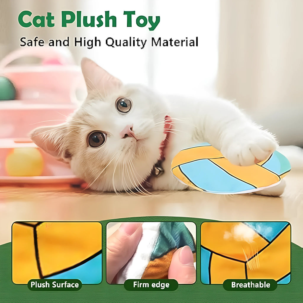 Soft plush cat toy with sports ball pattern, 5x5x2 cm, containing catnip and crinkle material for indoor cats