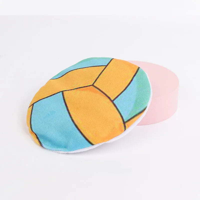 Soft plush cat toy with sports ball pattern, 5x5x2 cm, containing catnip and crinkle material for indoor cats