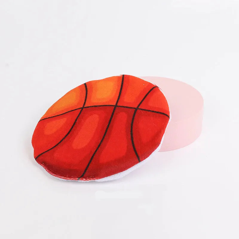 Soft plush cat toy with sports ball pattern, 5x5x2 cm, containing catnip and crinkle material for indoor cats