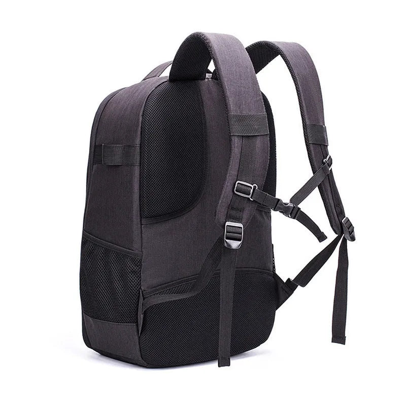 Black Oxford cloth waterproof backpack for drone and camera equipment with multiple internal compartments