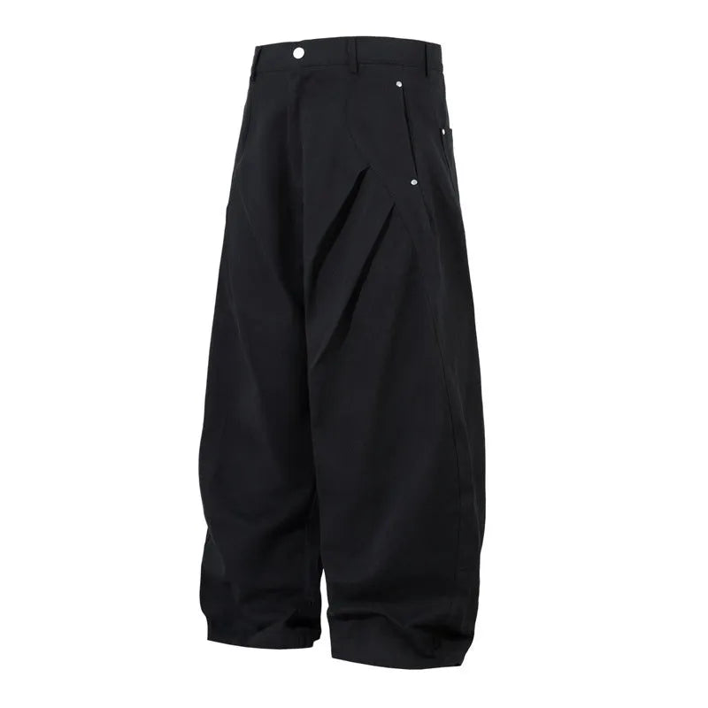 Men's black pleated machete casual pants with loose-fitting wide-leg styling in cotton fabric