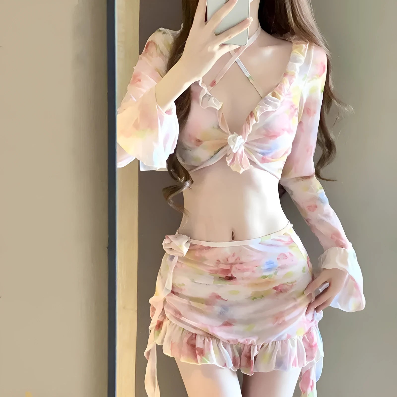 Women's floral bikini swimsuit in cherry blossom pink colour with polyester fabric