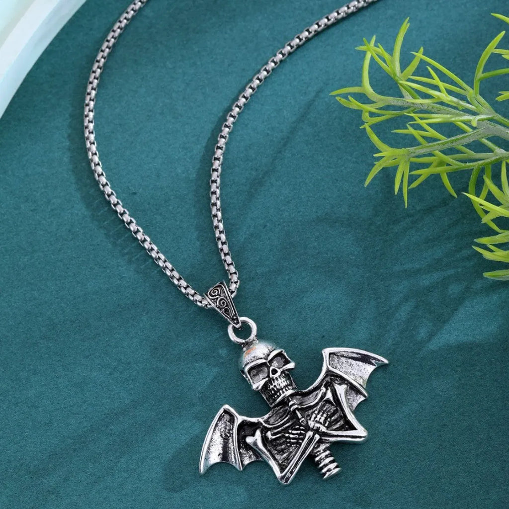 Men's metal alloy collarbone chain with angel skull pendant in gothic punk style