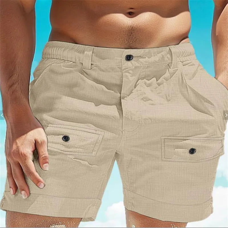 Men's linen shorts with elastic waistband and button pockets in white or khaki colour