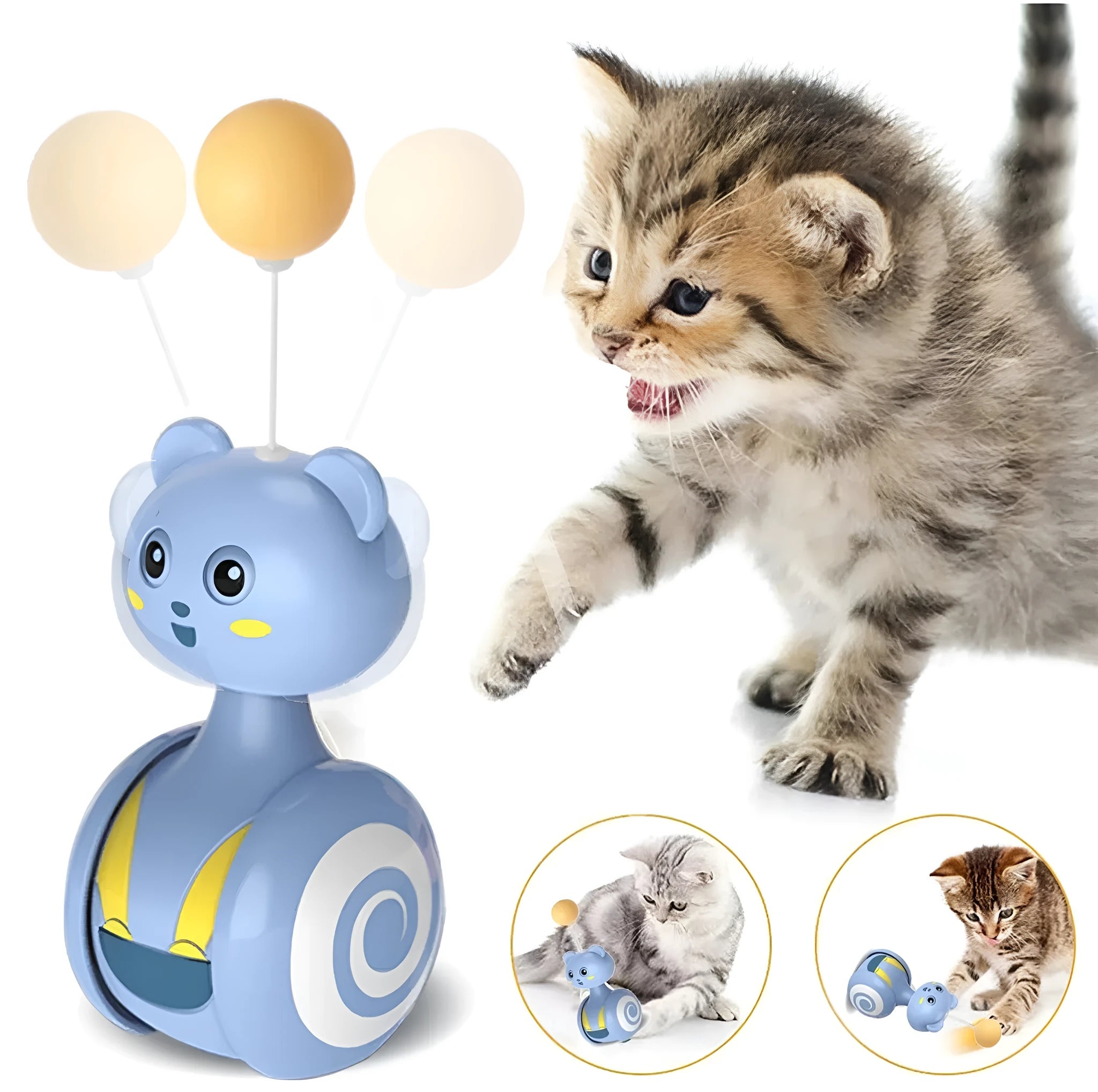 Pink and blue rotating ball cat feather wand toys with tumbler mechanism