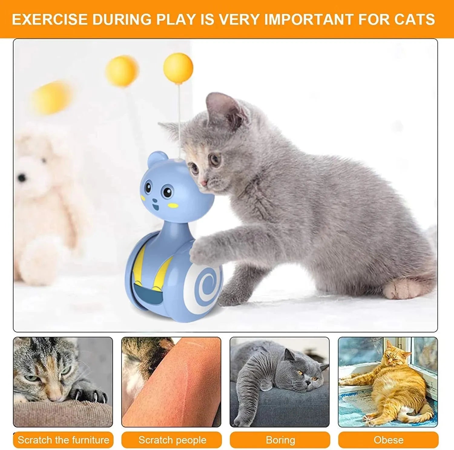 Pink and blue rotating ball cat feather wand toys with tumbler mechanism