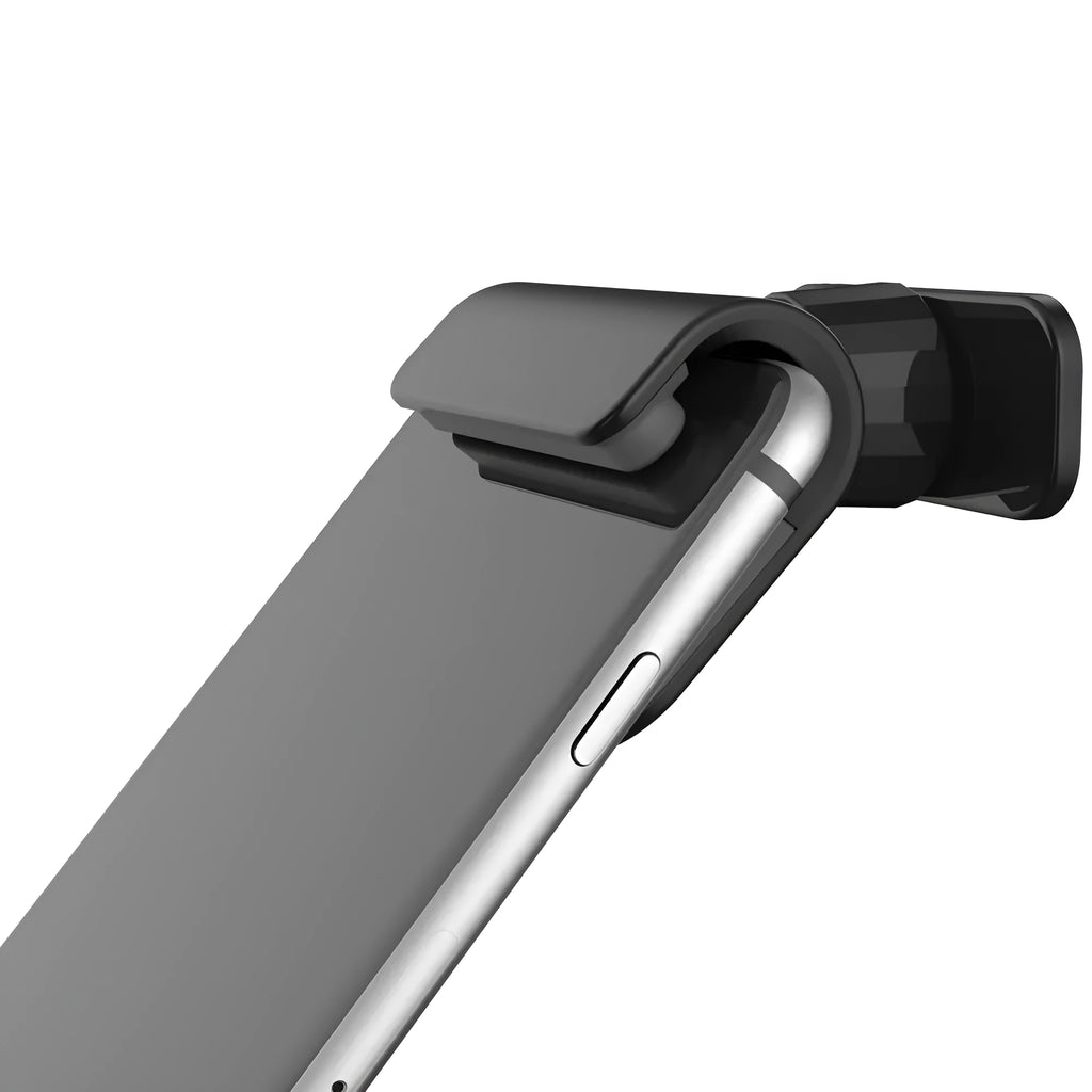 Black universal car phone holder showing 360-degree rotating mechanism and 3M adhesive base