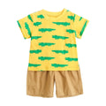 Cotton Baby Boy Summer Suit Cartoon Animal Print Top and Pants Set for Infants and Toddlers Age 0-3 Years Blue Whale or Yellow Crocodile Colour Options