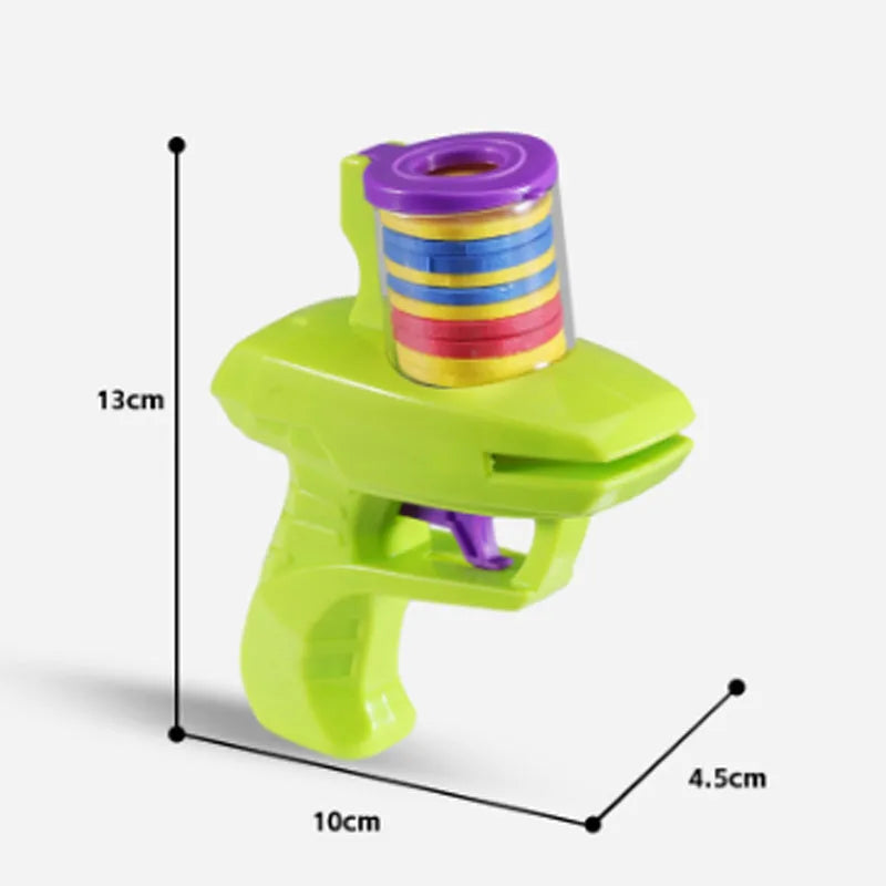 Battery-free interactive cat toy launcher firing foam disc with green and purple colour options