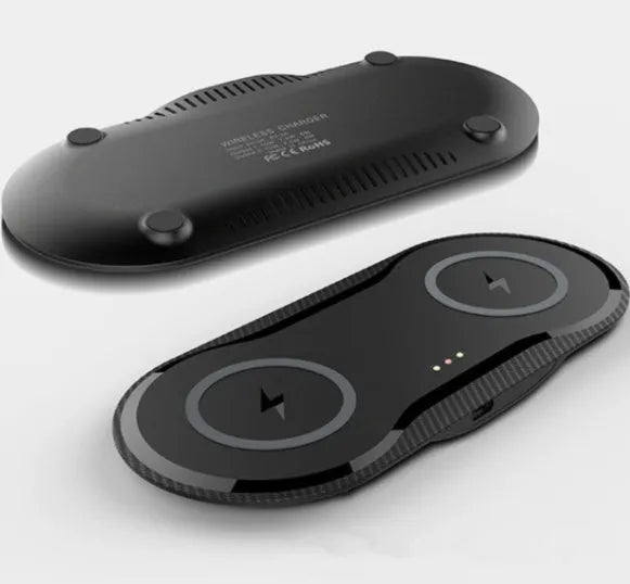 Dual wireless charging pad showing two phone charging positions with black or white colour options