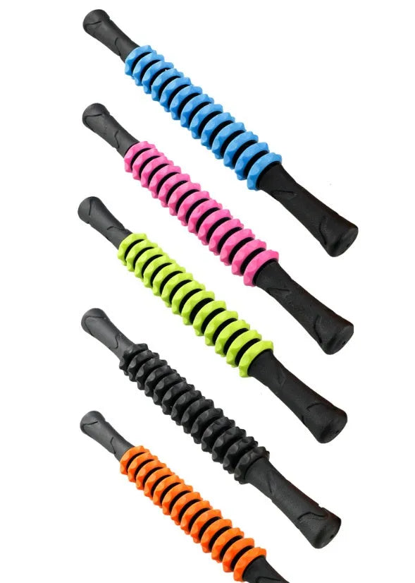 Manual yoga massage bar roller 14.6 x 430 mm in black with adjustable rolling parts and grip handles for muscle relief