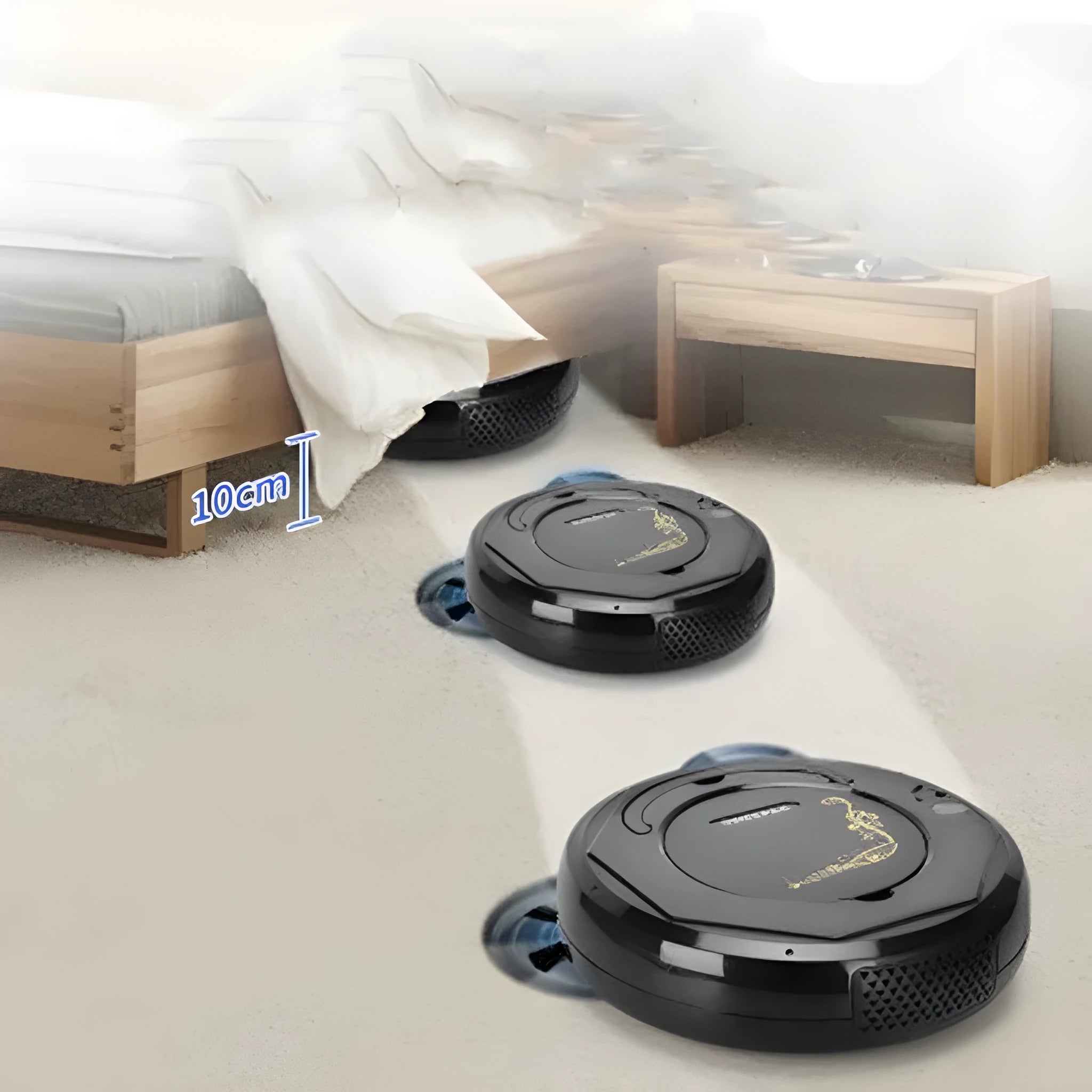 Lazy Smart robot vacuum cleaner in blue, black, or white on a hard floor