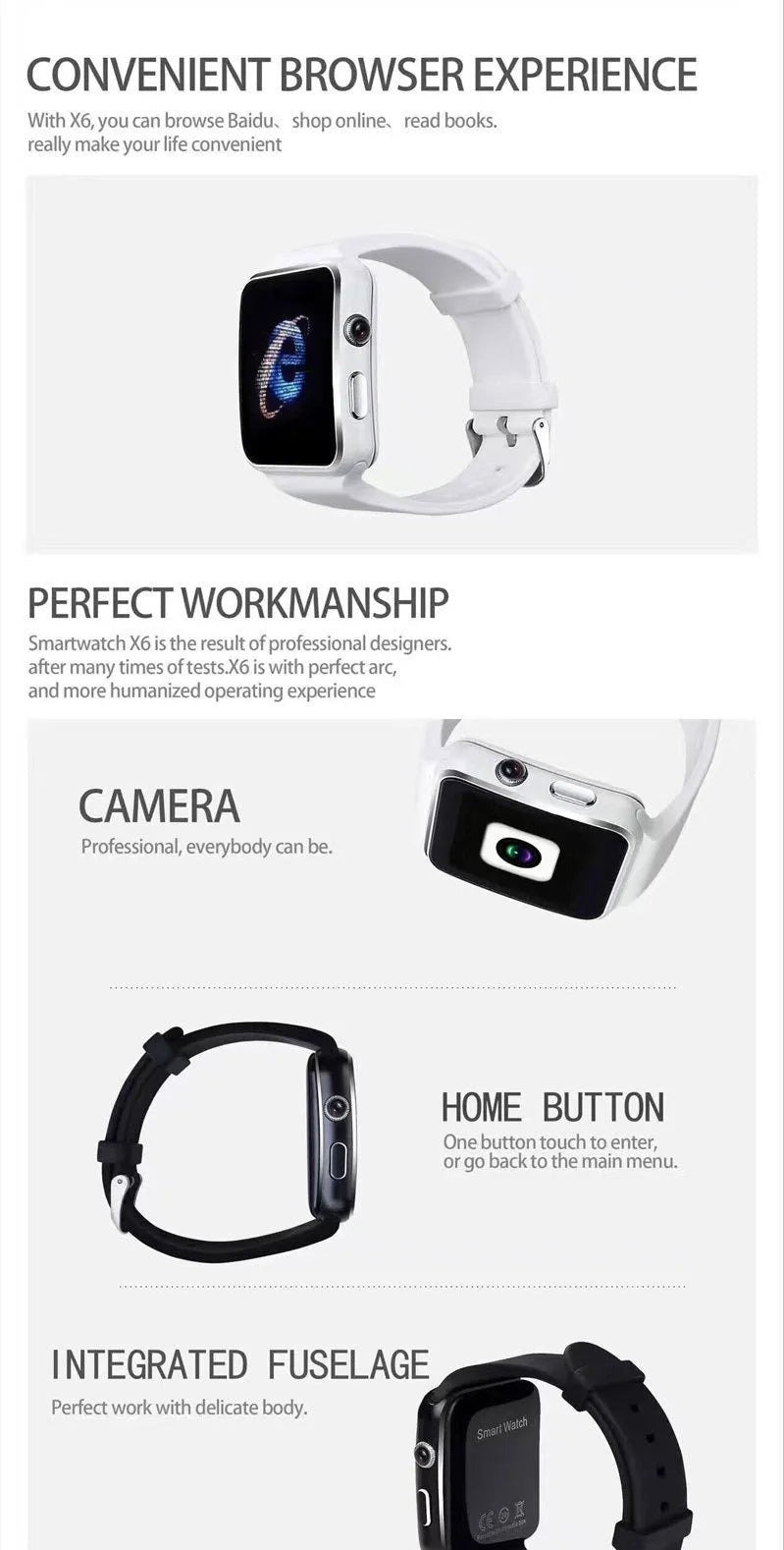 Black smart watch with 1.54 inch touch screen on a silicone strap, showing a clock face.