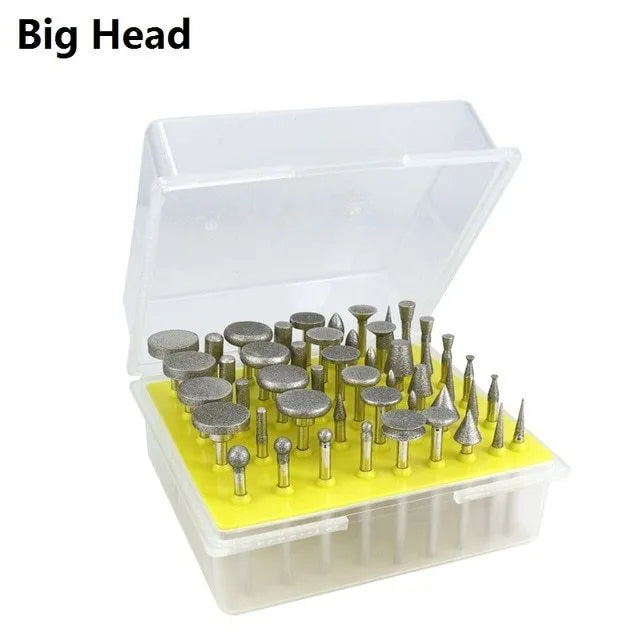 Set of two alloy grinding heads with emery coating and 3mm shanks for rotary tools.