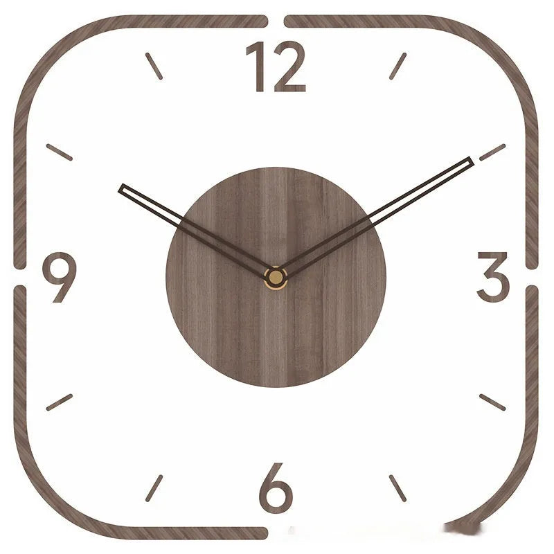 Transparent wooden frame wall clock in 35cm square modern design for living room or office