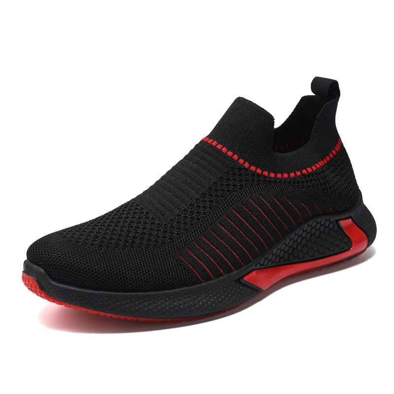Men's striped mesh slip-on sneakers with flyknit upper and lace front in black colour variant