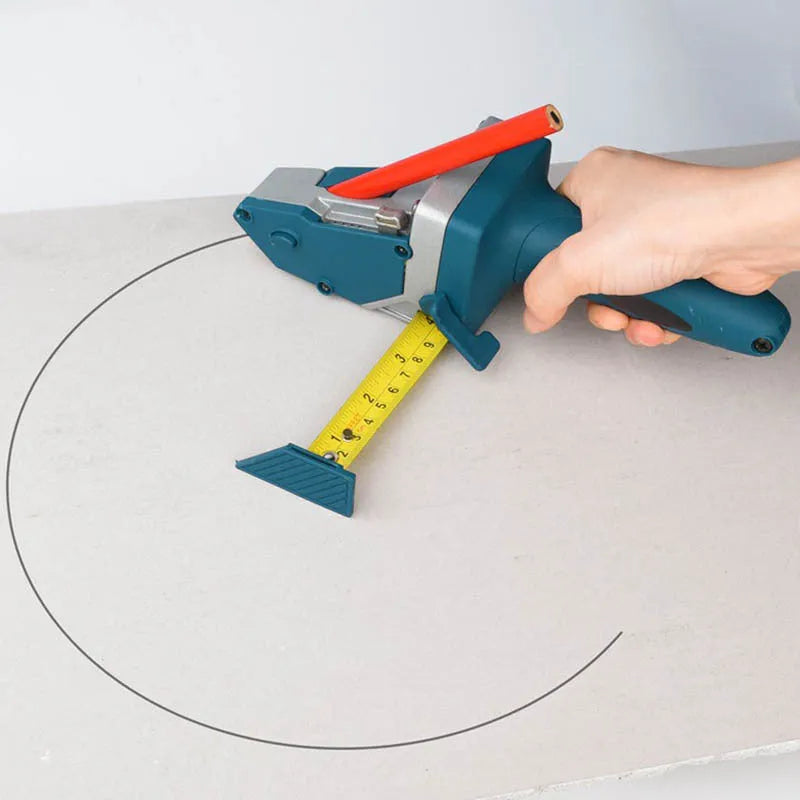 Blue aluminium alloy and plastic woodworking cutter with a built-in tape measure and safety blade.