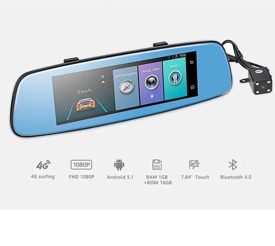 8 inch 4G Android cloud mirror driving recorder with 7.84 inch IPS touch screen showing rearview camera view