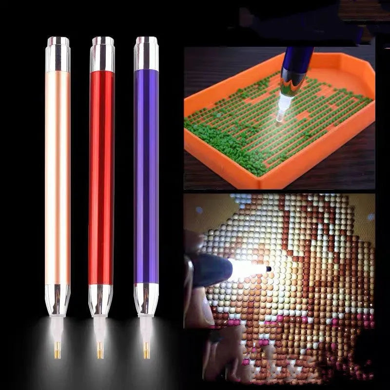 Luminous single-head diamond painting drill pen in gold, red, or blue with metal frame.