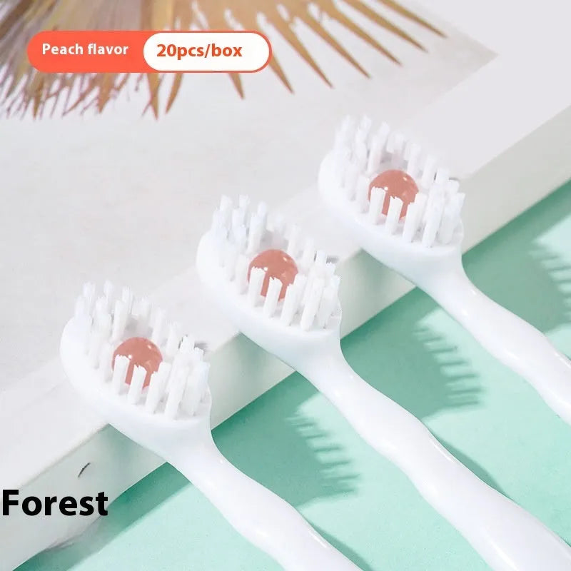 Box of disposable bead toothbrushes showing mint, peach, and plum green tea flavour options for travel.