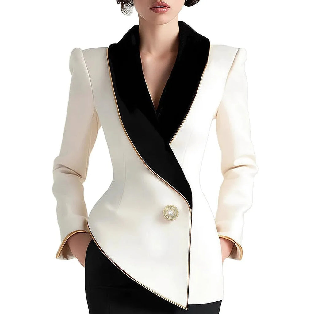 Women's beige irregular long sleeve coat with golden pearl buttons