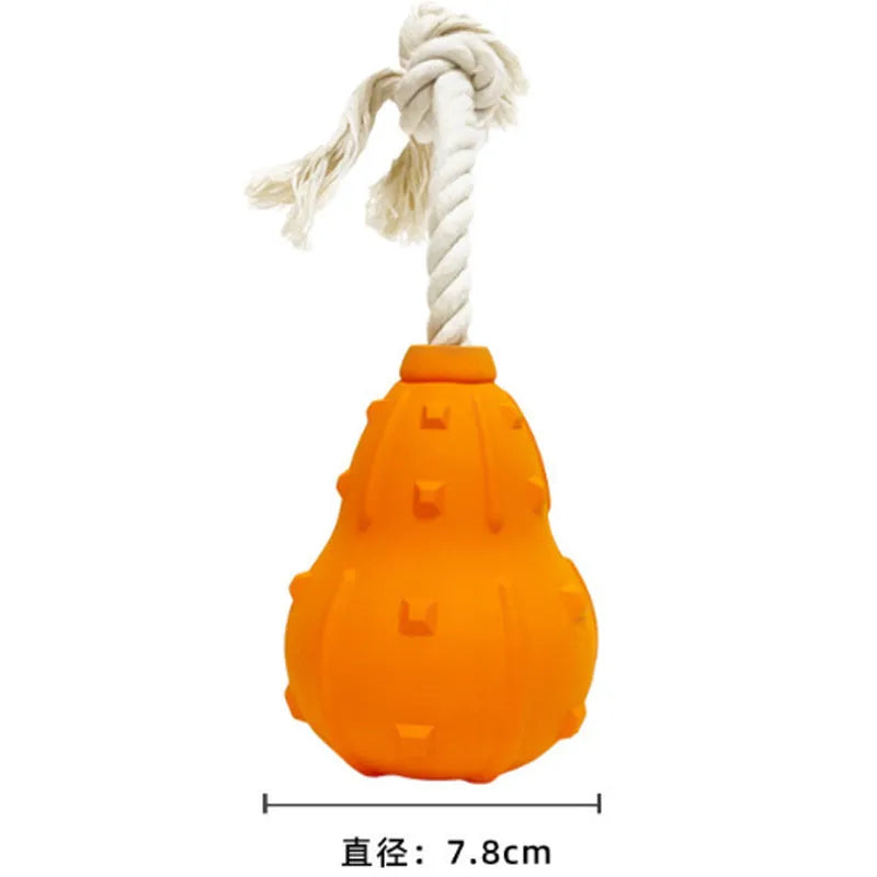 Natural rubber stuffable dog chew toy with a long strap for small to medium dogs.