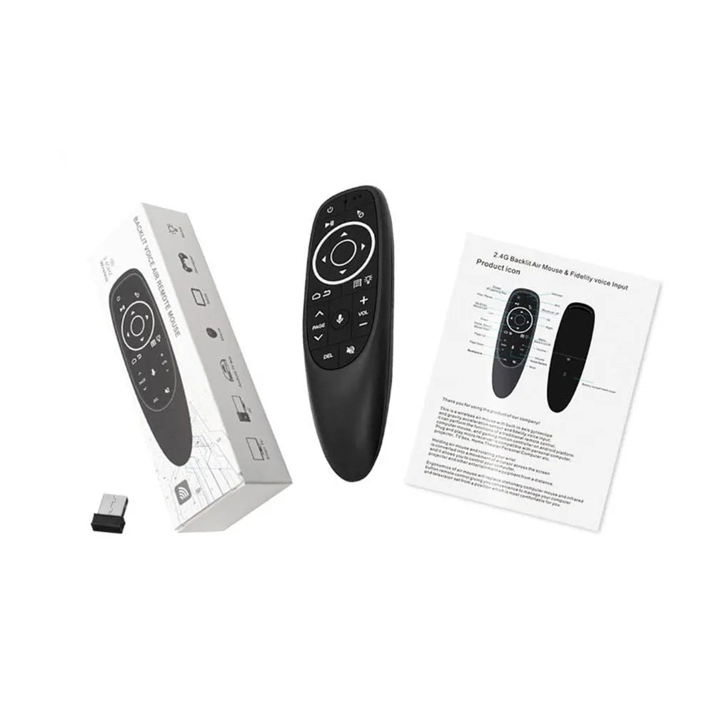 G10S intelligent voice remote control with plastic shell and silicone buttons for Android TV and PC.