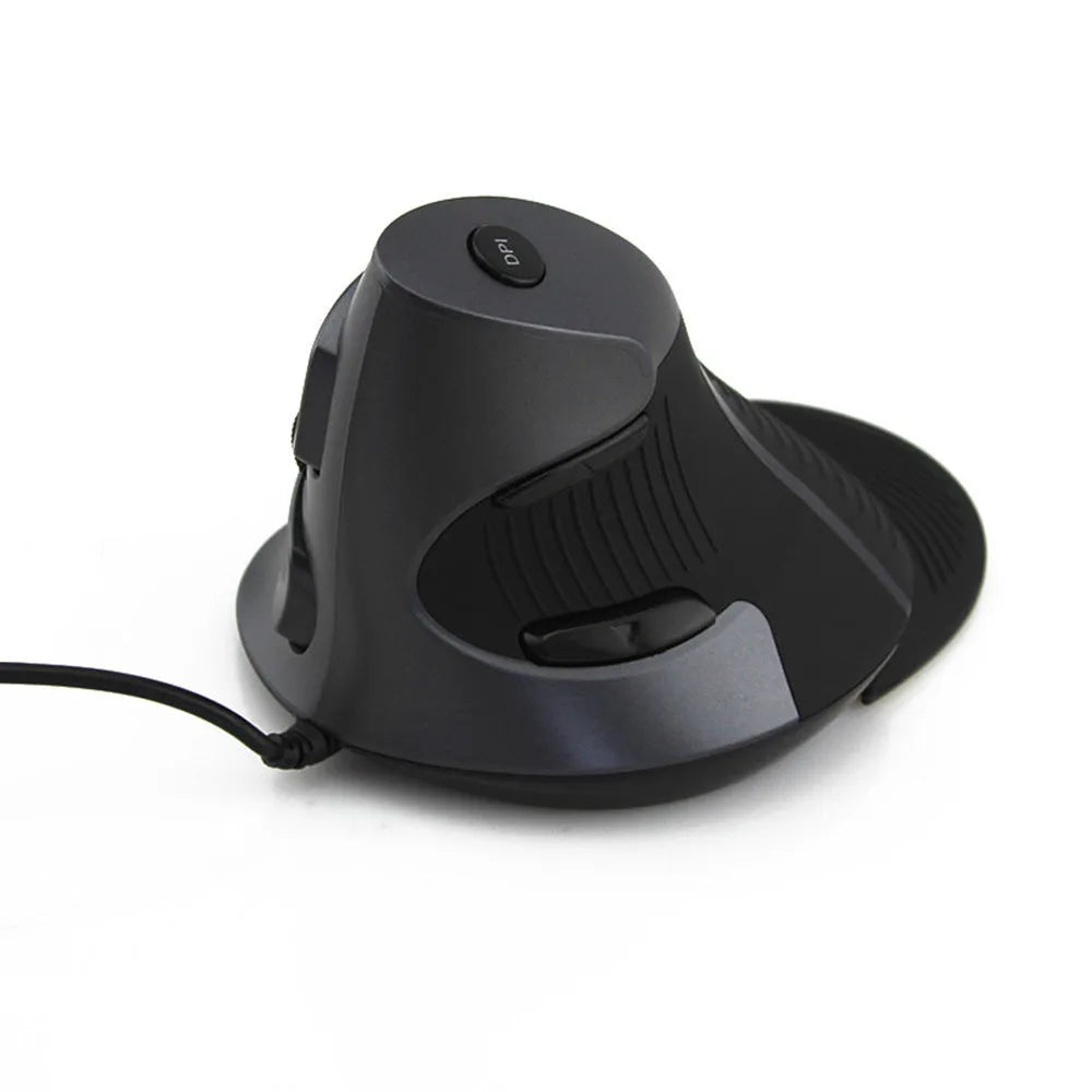 Ergonomic vertical computer mouse in black with wired USB connection showing handshake positioning