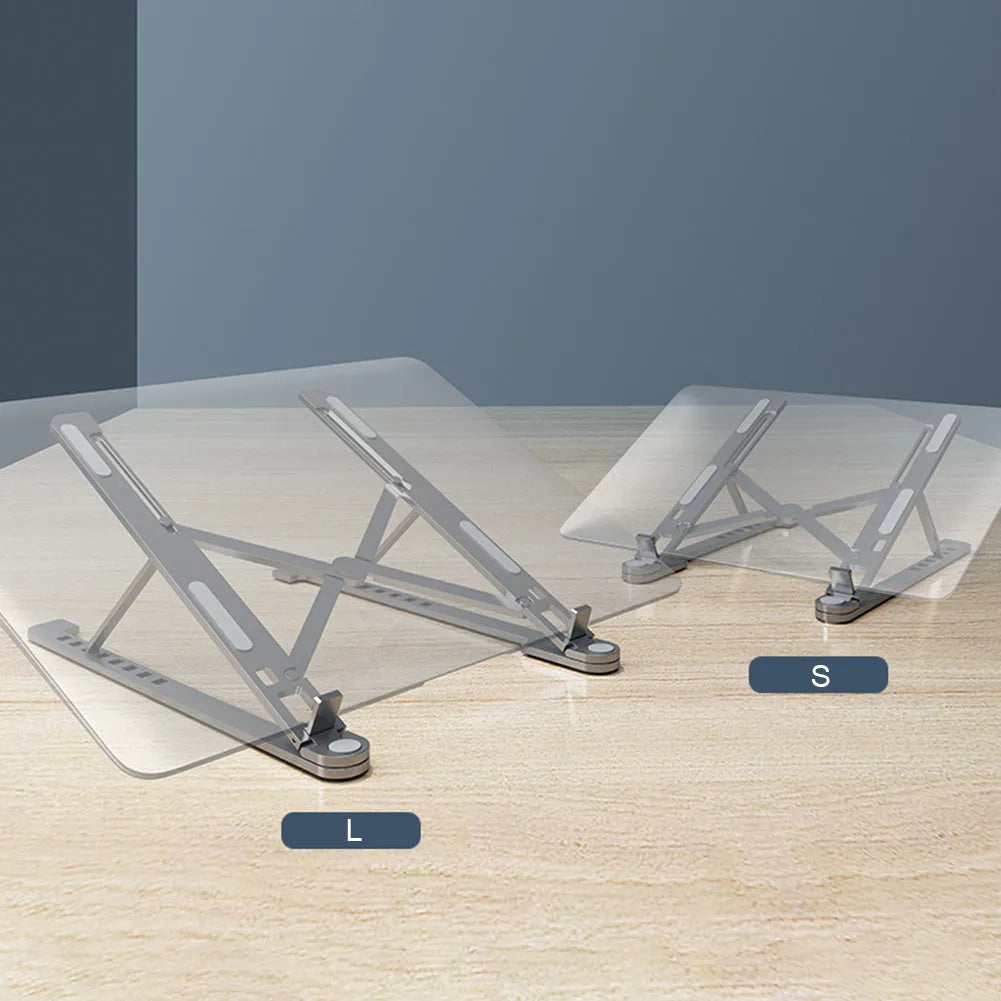 Foldable aluminium laptop stand in silver colour, shown in open and closed positions next to a laptop.