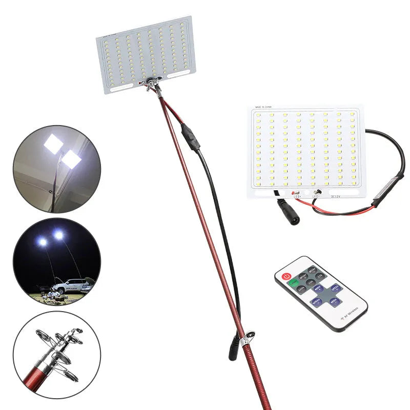 White LED fishing rod light unit mounted on a tall telescopic pole for outdoor portable lighting.
