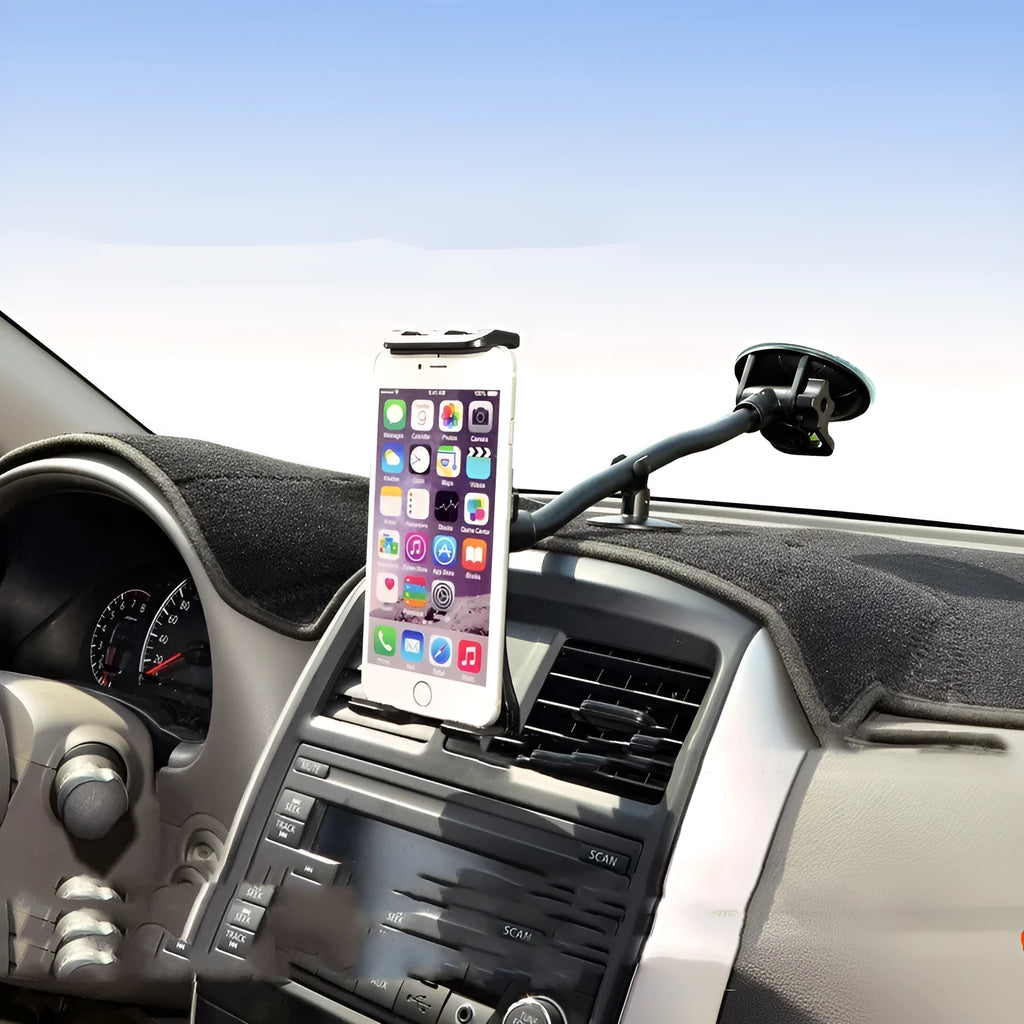 Black vehicle-mounted tablet bracket with adjustable lifting mechanism and long suction cup for 4-12 inch devices