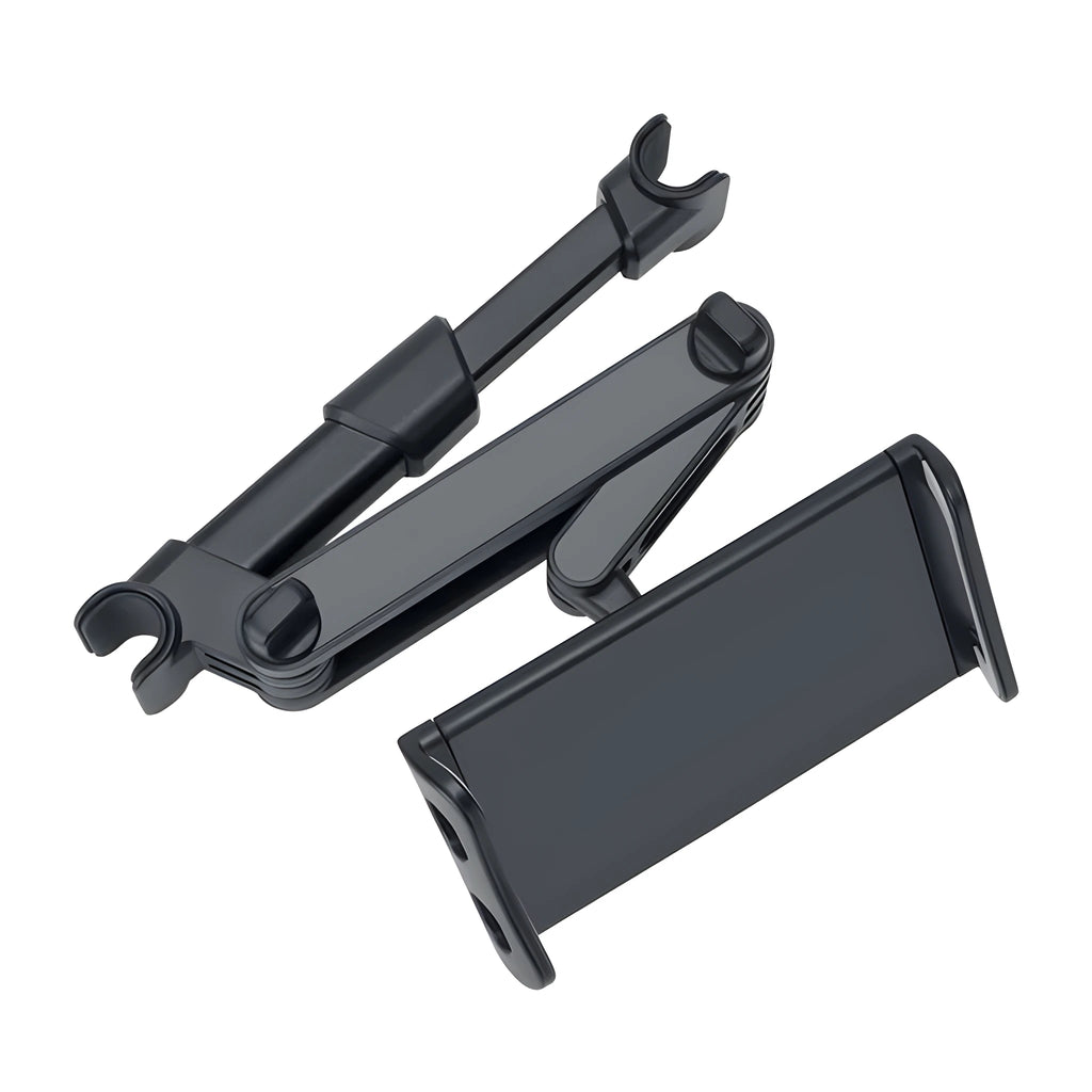 Black universal car phone and tablet holder with adjustable arm mounted on a rear seat base.