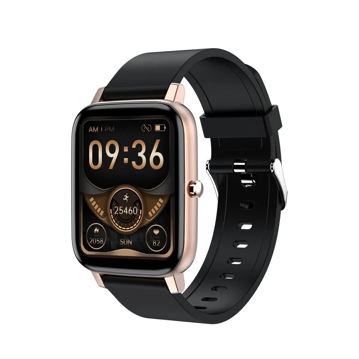H80 black sports smart watch with 1.69-inch touchscreen on a silicone strap, displaying heart rate data.