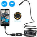 OWSOO USB endoscope camera with 5m cable, 6 LED lights, magnet, and hook accessories on a white background.