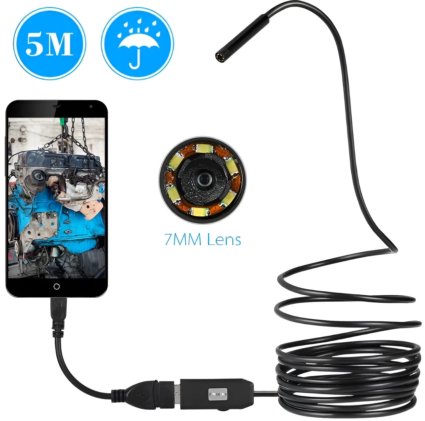 OWSOO USB endoscope camera with 5m cable, 6 LED lights, magnet, and hook accessories on a white background.