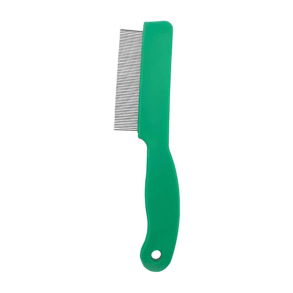 Green stainless steel pet flea comb with plastic handle for dog and cat grooming