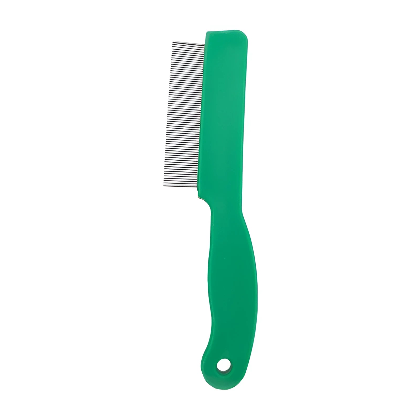 Green stainless steel pet flea comb with plastic handle for dog and cat grooming