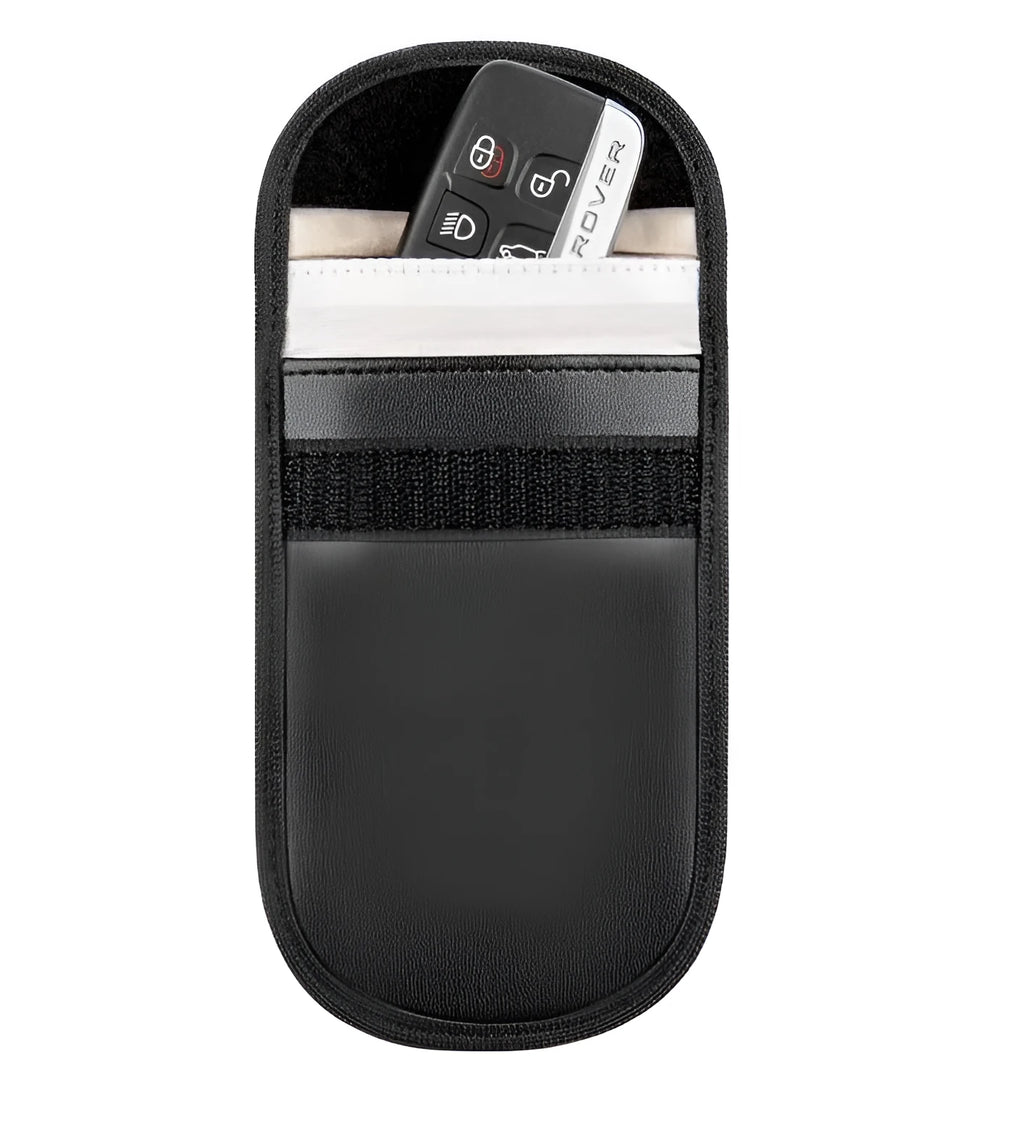 Black microfiber RFID signal blocker pouch for mobile phones and bank cards, measuring 13.5 by 9.5 cm.