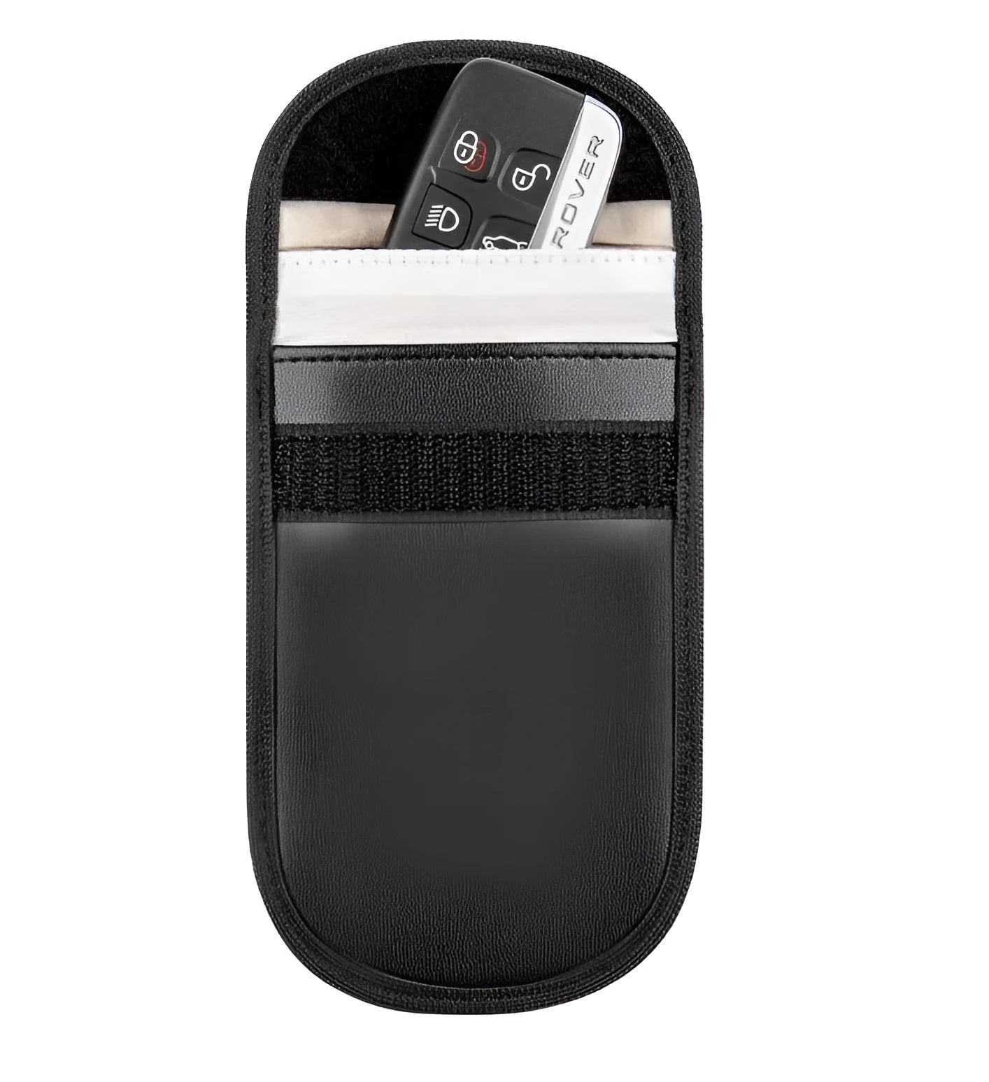Black microfiber RFID signal blocker pouch for mobile phones and bank cards, measuring 13.5 by 9.5 cm.