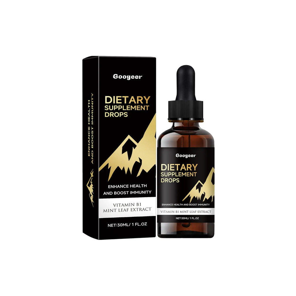 30ml clear bottle of liquid dietary supplement drops with a black dropper cap.