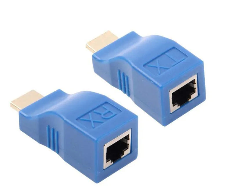 HDMI extender transmitter and receiver pair for signal transmission over Cat-5e/6 network cable.