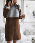 Brown women's loose long sleeve patchwork skirt dress with round neck and retro collage detailing.