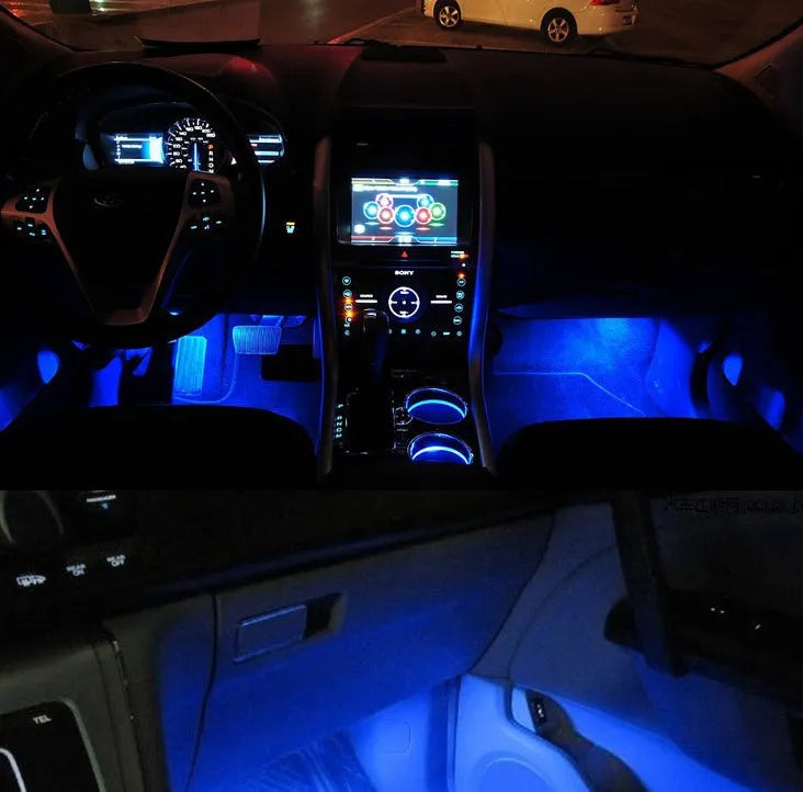 Compact blue LED car interior footwell light with 60mm length and 16mm diameter, rotating head and cable