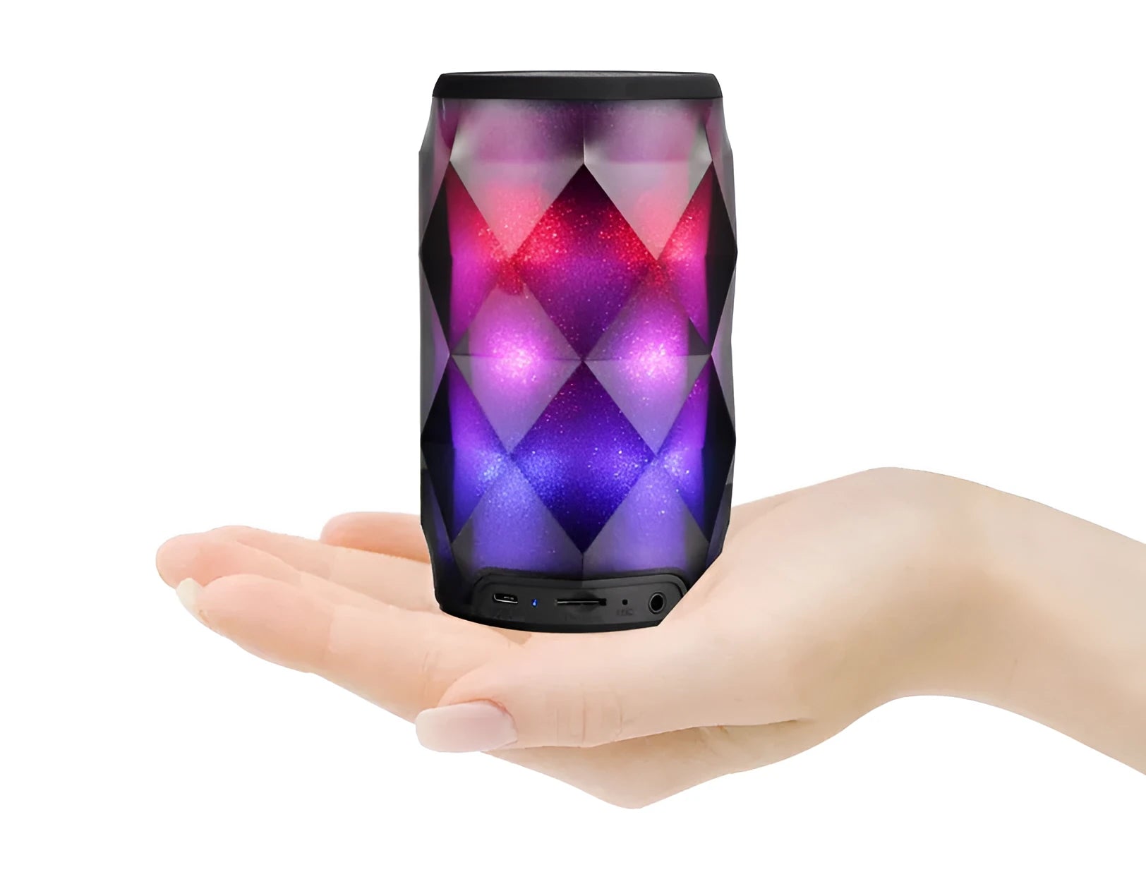 Black crystal diamond cut Coca-Cola can shaped lantern with Bluetooth speaker and colourful LED lights.