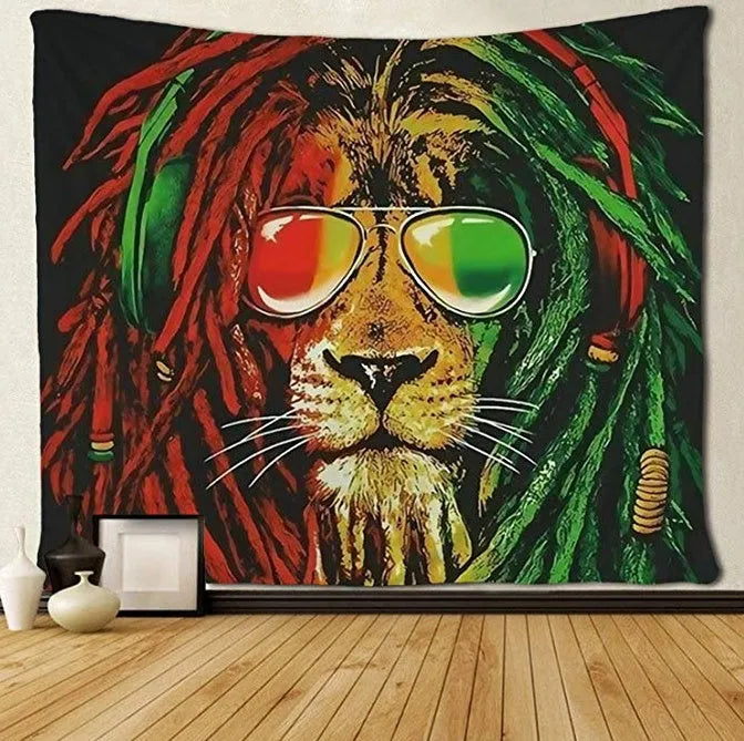 Lion tapestry wall hanging European style polyester lion king art in a living room setting