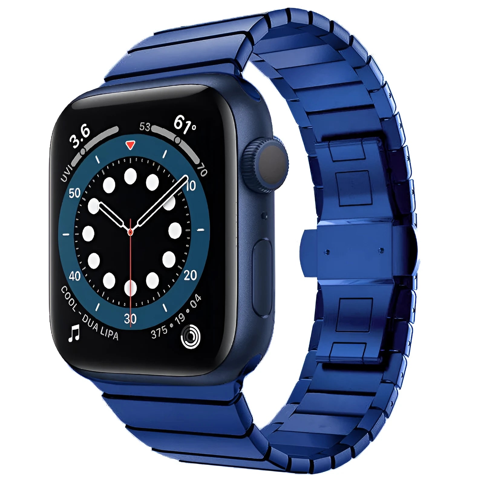 Silver stainless steel metal chain watch strap with butterfly buckle for Apple Watch.