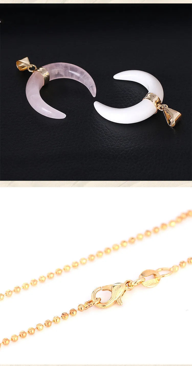 Natural stone moon pendant necklace with electroplated copper fittings and adjustable chain