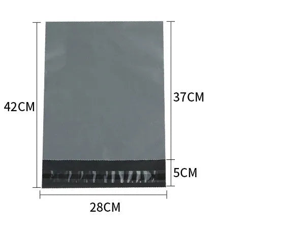 Bundle of 100 clear PE plastic courier clothing bags in multiple sizes with adhesive sticker seals.